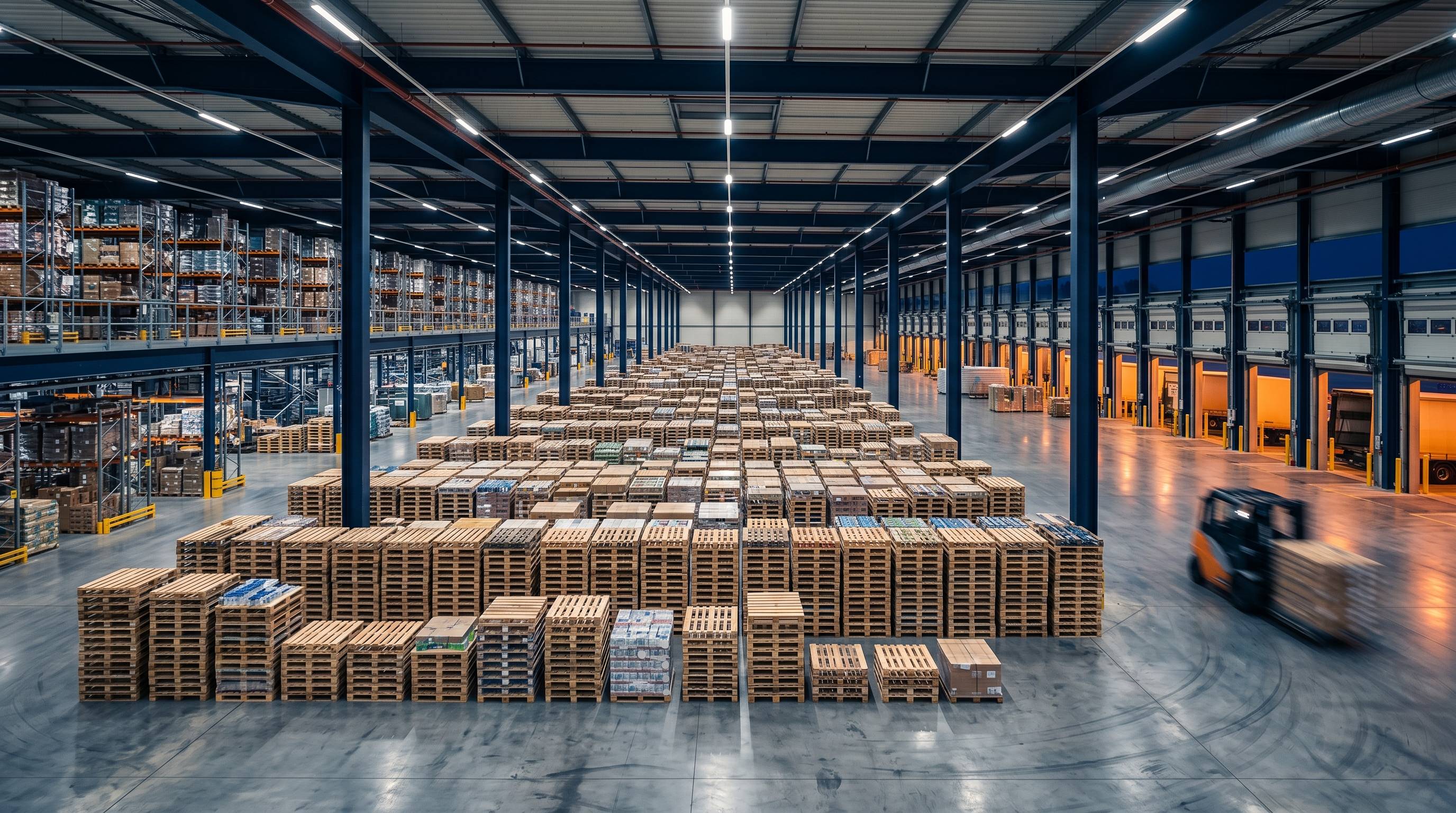 Warehouse with organised pallets and forklift in motion — DriversHub operations