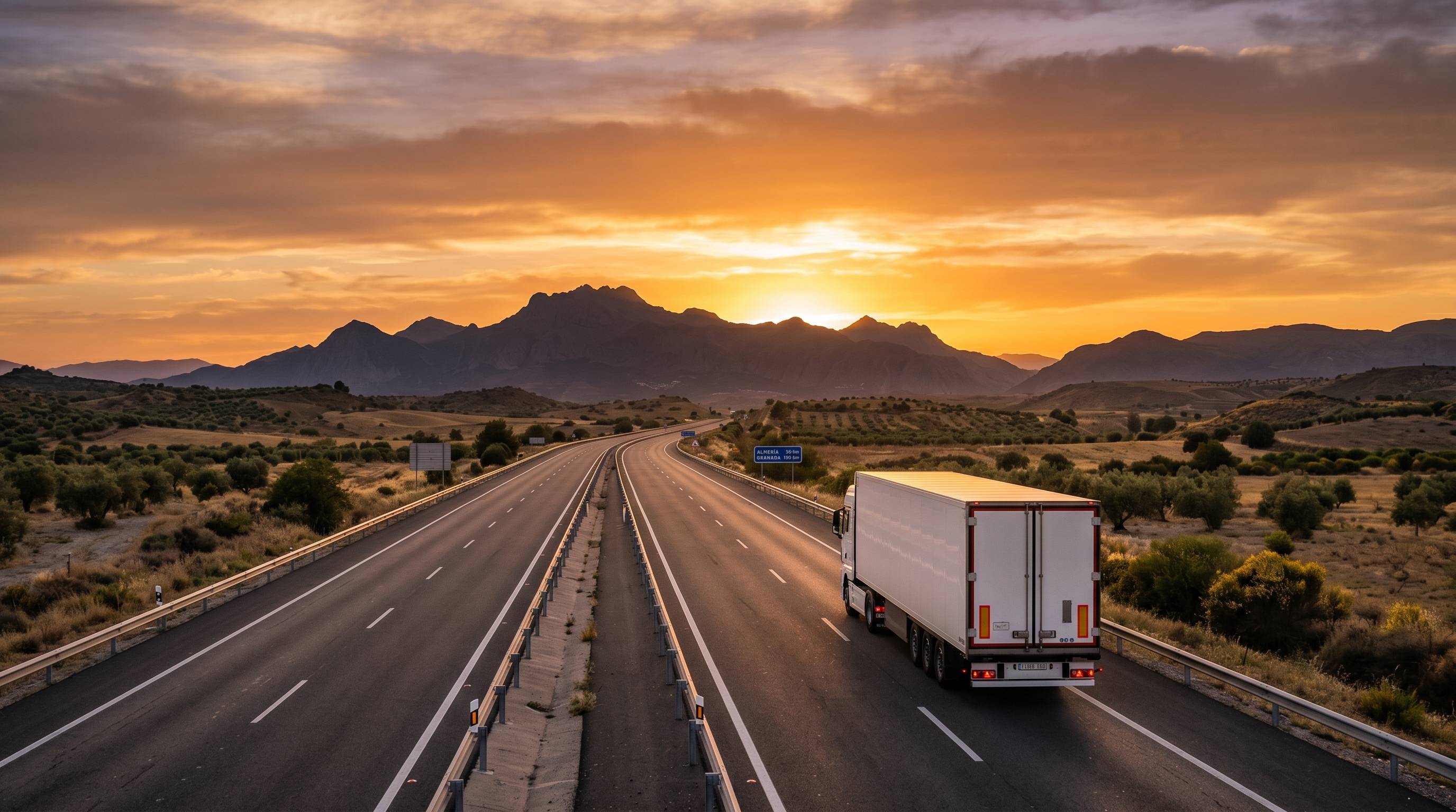 Spanish motorway towards the mountains at sunset with CE truck — driver opportunities