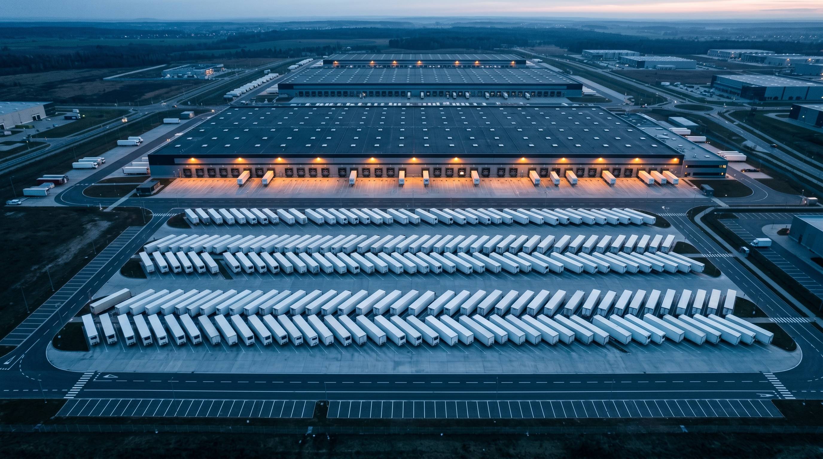 Aerial view of logistics terminal with fleet of trailers lined up at dawn