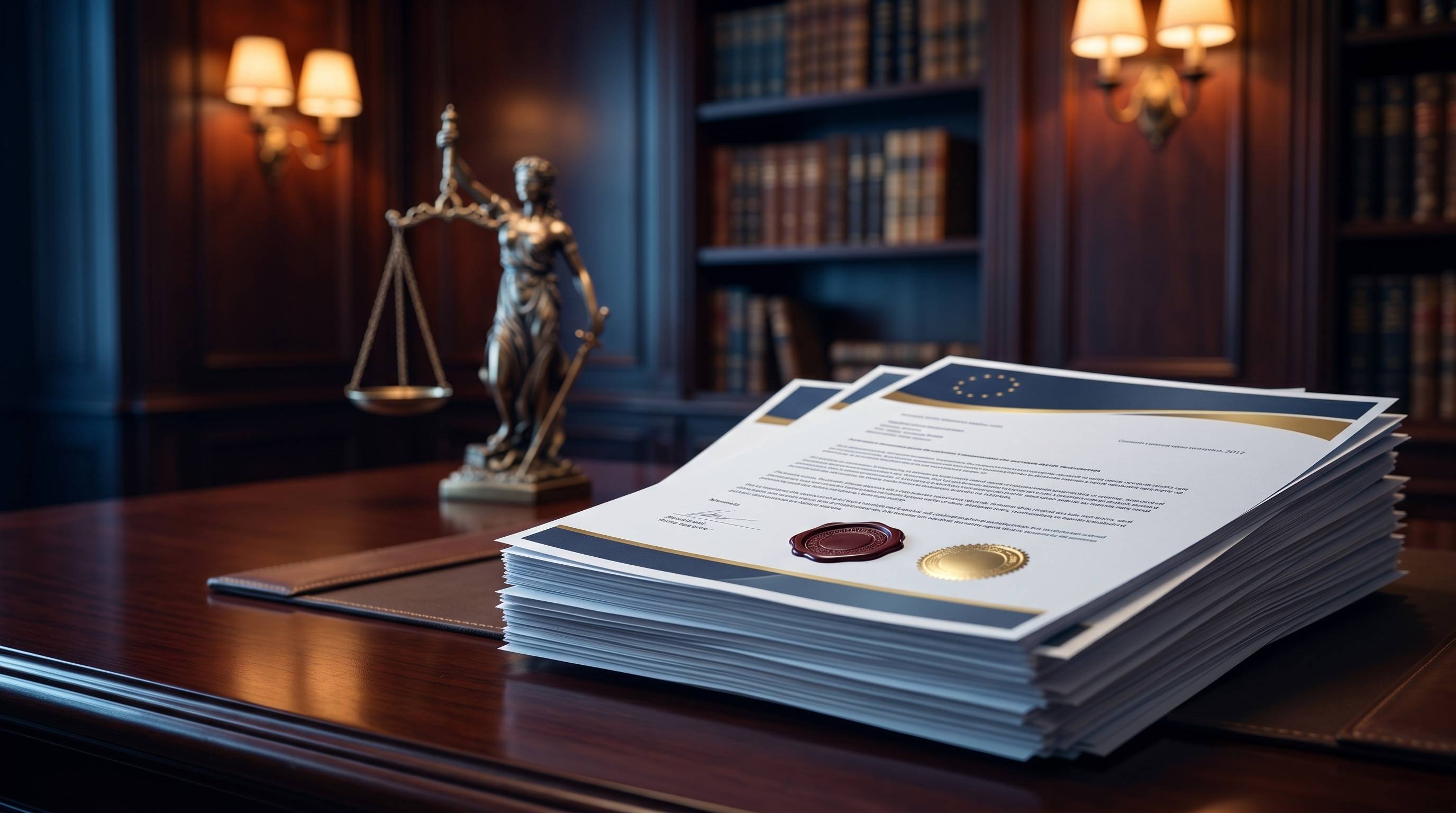 EU documents with official stamps and Justice figure — CE labour compliance