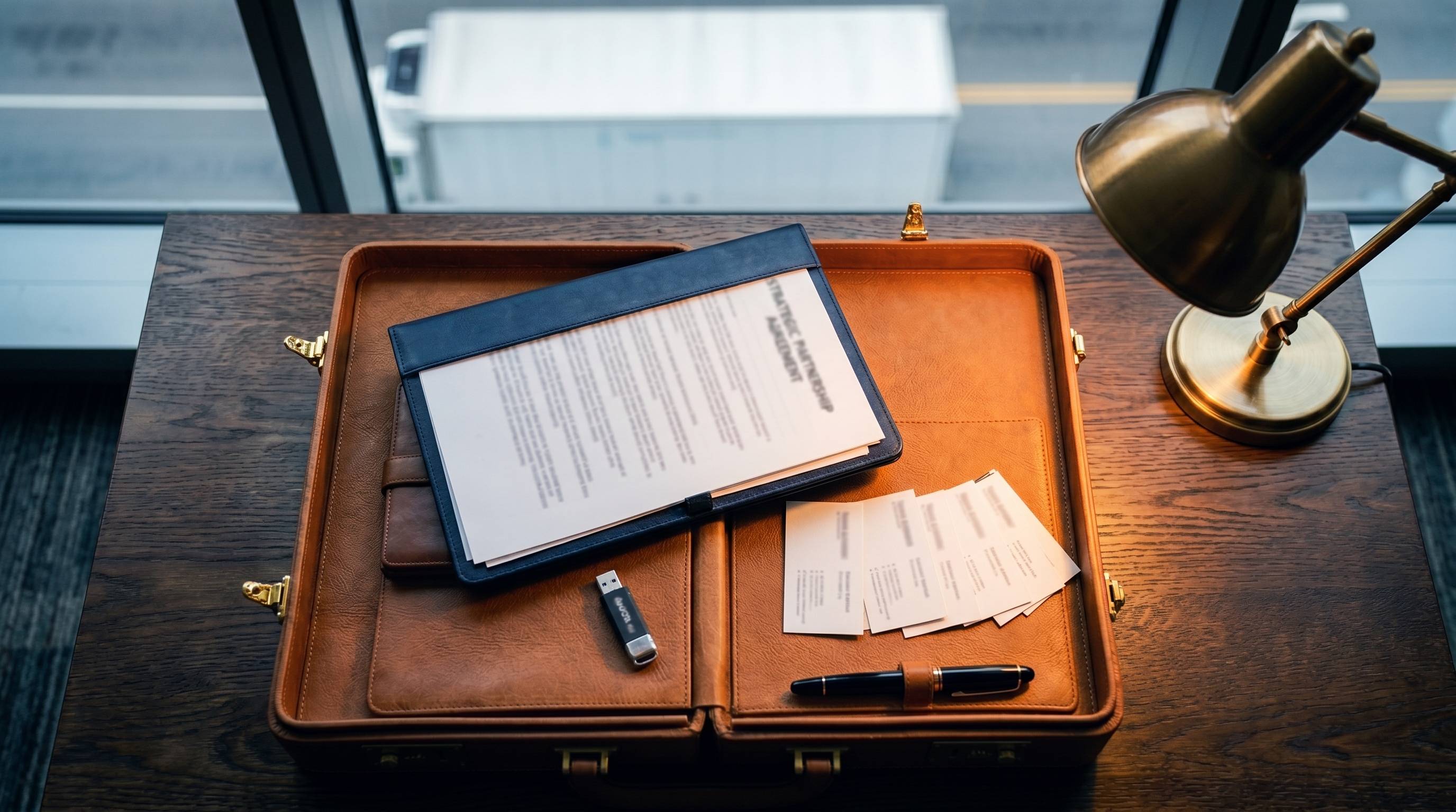 Open executive briefcase with documentation and truck in background — CE onboarding