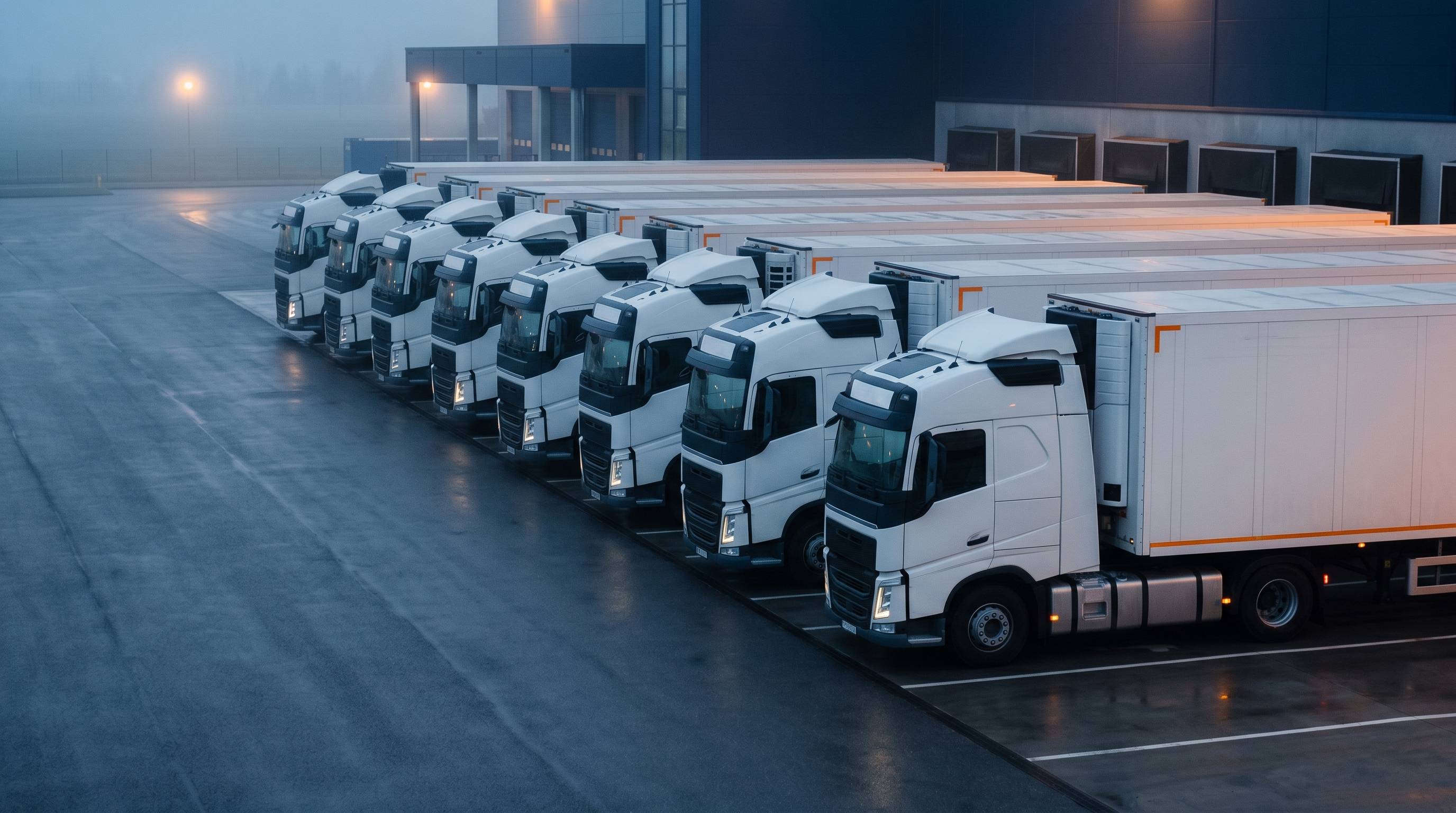 Fleet of white CE trucks lined up in depot at dawn — staff leasing
