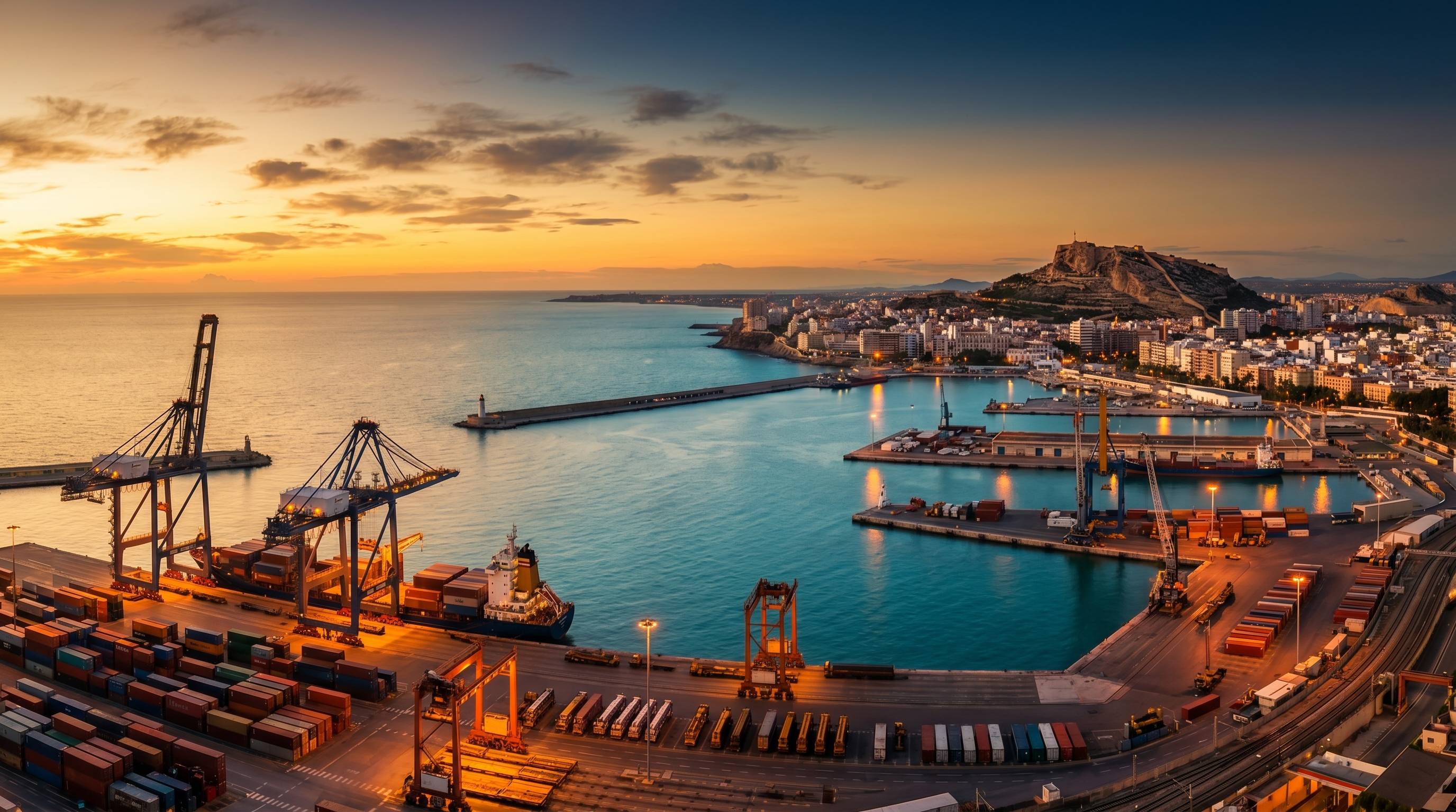 Port of Alicante at dusk with container cranes — DriversHub headquarters